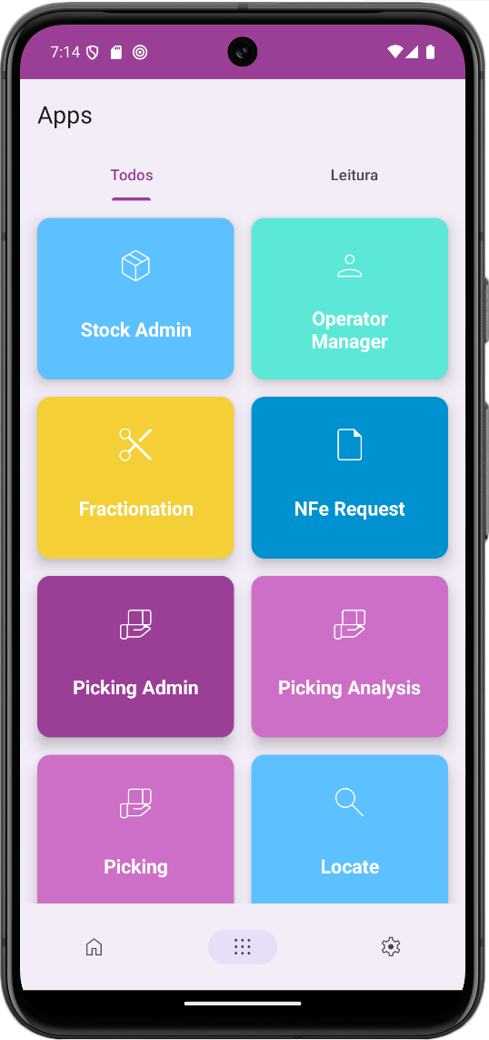 App SMARTCON Industrial em um coletor Android, mostrando os módulos do sistema